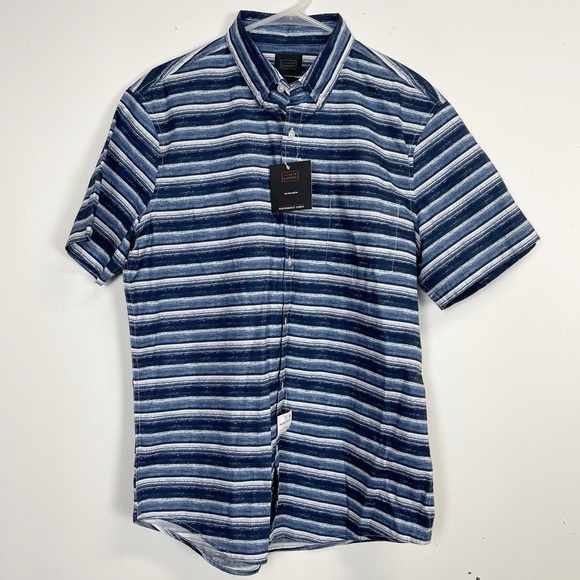 14th & Union Shirt Mens Large Blue White Stripe Short Sleeve Shirt Button Up NWT - Picture 1 of 9